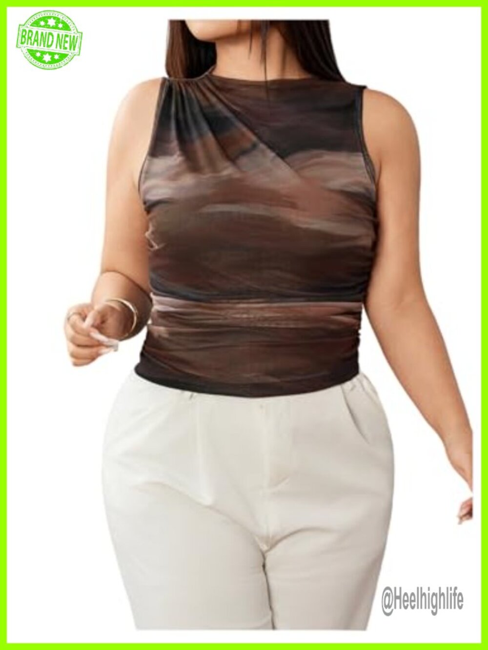 Plus Size Mock Neck Tank Top Tie Dye Mesh Asymmetrical Sleeveless